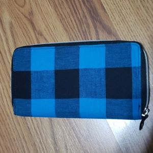 Blue black plaid flannel zippered wallet
